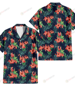 Orange Hibiscus Green Tropical Leaf Dark Hawaiian Yankees Shirt For Men