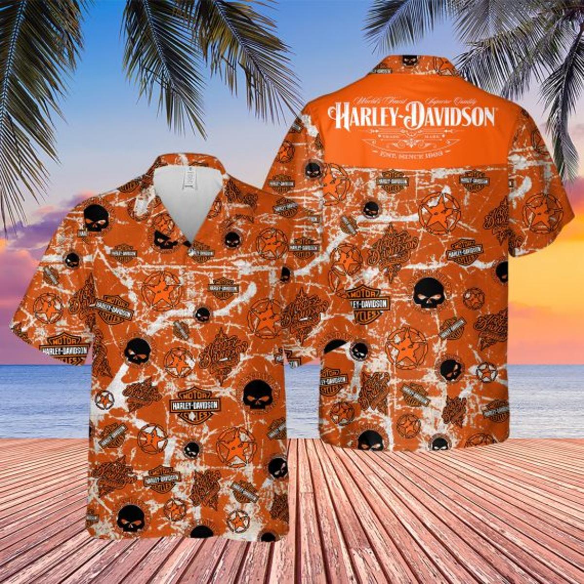 Reyn Spooner Orange Harley Davidson Hawaiian Shirt