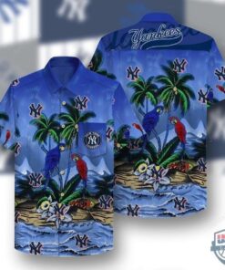 Yellow Hibiscus Tropical Green Leaf Black Background 3d New York Yankees Hawaiian Shirt