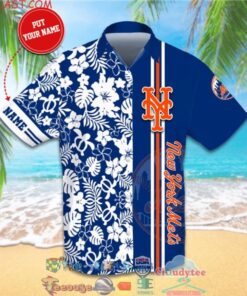 Violet Red Hibiscus Blue Leaf Black Ny Mets Hawaiian Shirt Gifts Idea