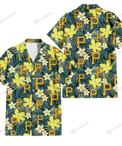 Pittsburgh Pirates Hibiscus Green Palm Leaf Black Hawaiian Shirt