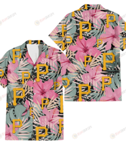 Pittsburgh Pirates Orange Red Hibiscus Green Leaf Dark Hawaiian Shirt