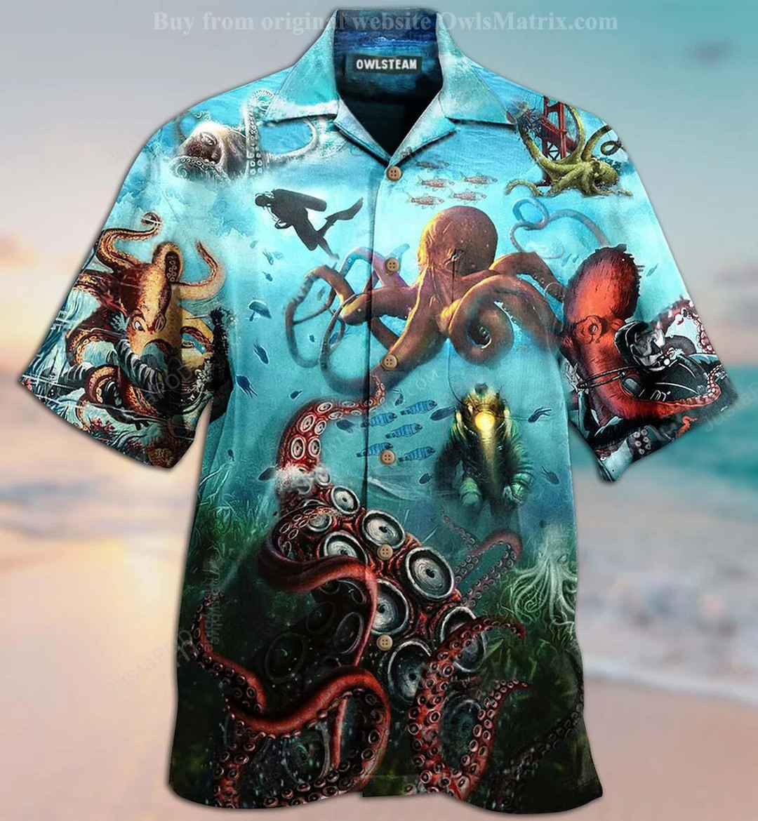 Neon Button Up Octopus Hawaiian Shirt For Men