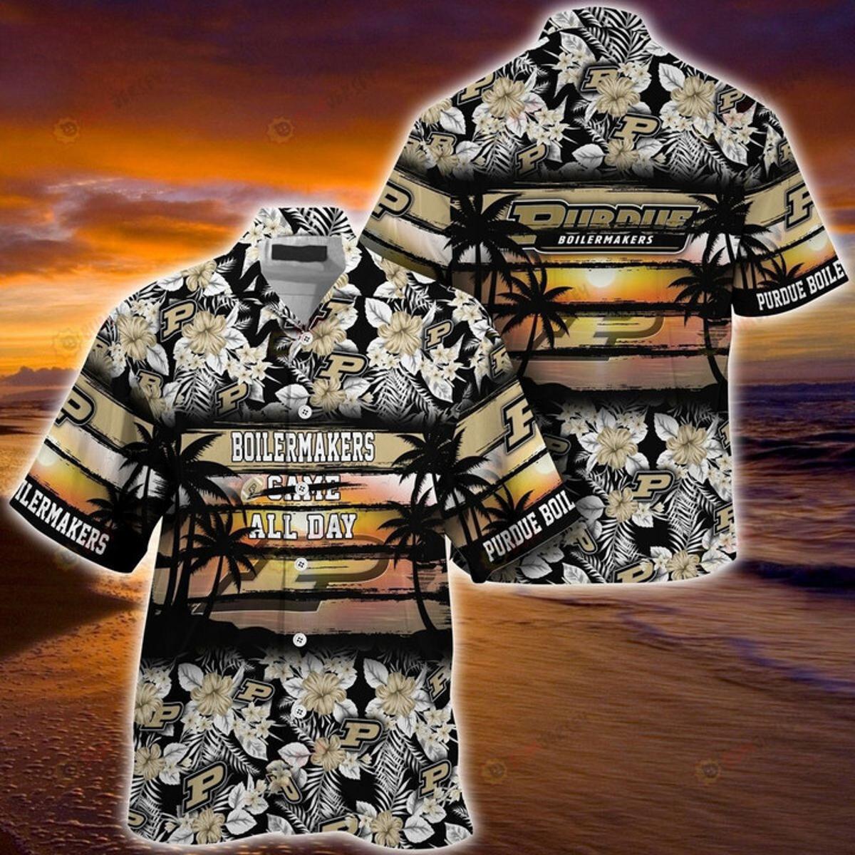 Purdue Boilermakers Logo Floral Coconut Tree Sunset Pattern Hawaiian Shirt Gift For Fans