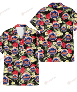 Red Hibiscus Yellow Porcelain Flower Black New York Mets Hawaiian Shirt