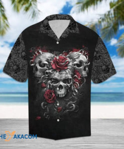 Scary Trio Skull Is Black And Red Roses Hawaiian Shirt