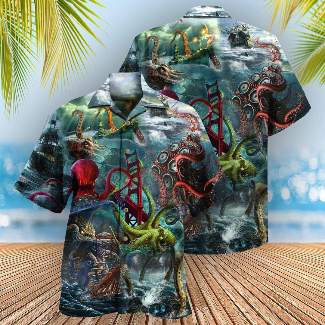 Blue Floral And Octopus Hawaiian Shirt Outfit For Men