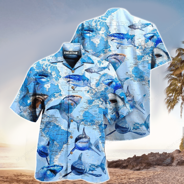 Shark With Tropical Blue Flowers Hawaiian Shirt For Fans