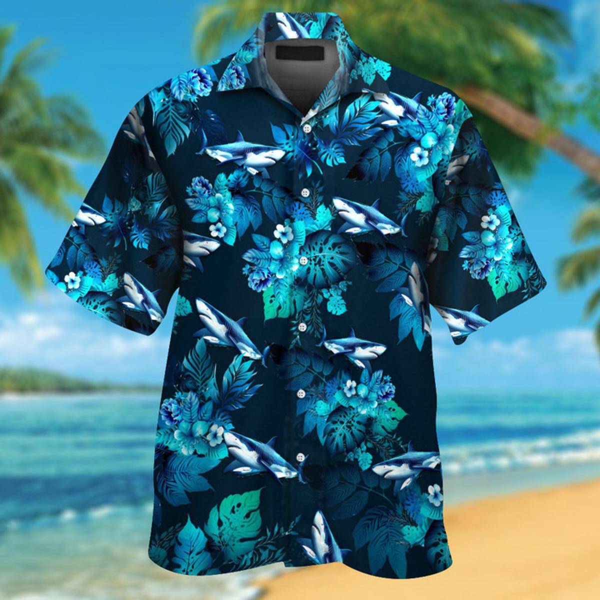 Shark With Tropical Blue Flowers Hawaiian Shirt For Fans