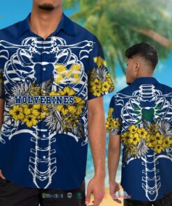 Skeleton Tropical Michigan Wolverines Hawaiian Shirt Outfit For Men 2