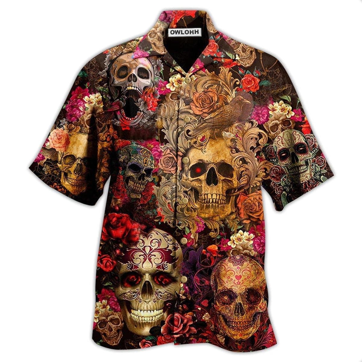 Fydude Men’s Halloween Skull And Flower Day Of The Dead Hawaiian Shirt
