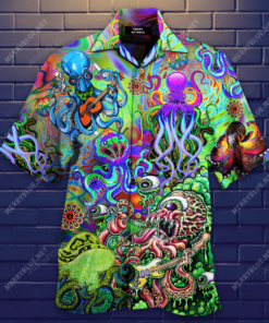 Neon Button Up Octopus Hawaiian Shirt For Men