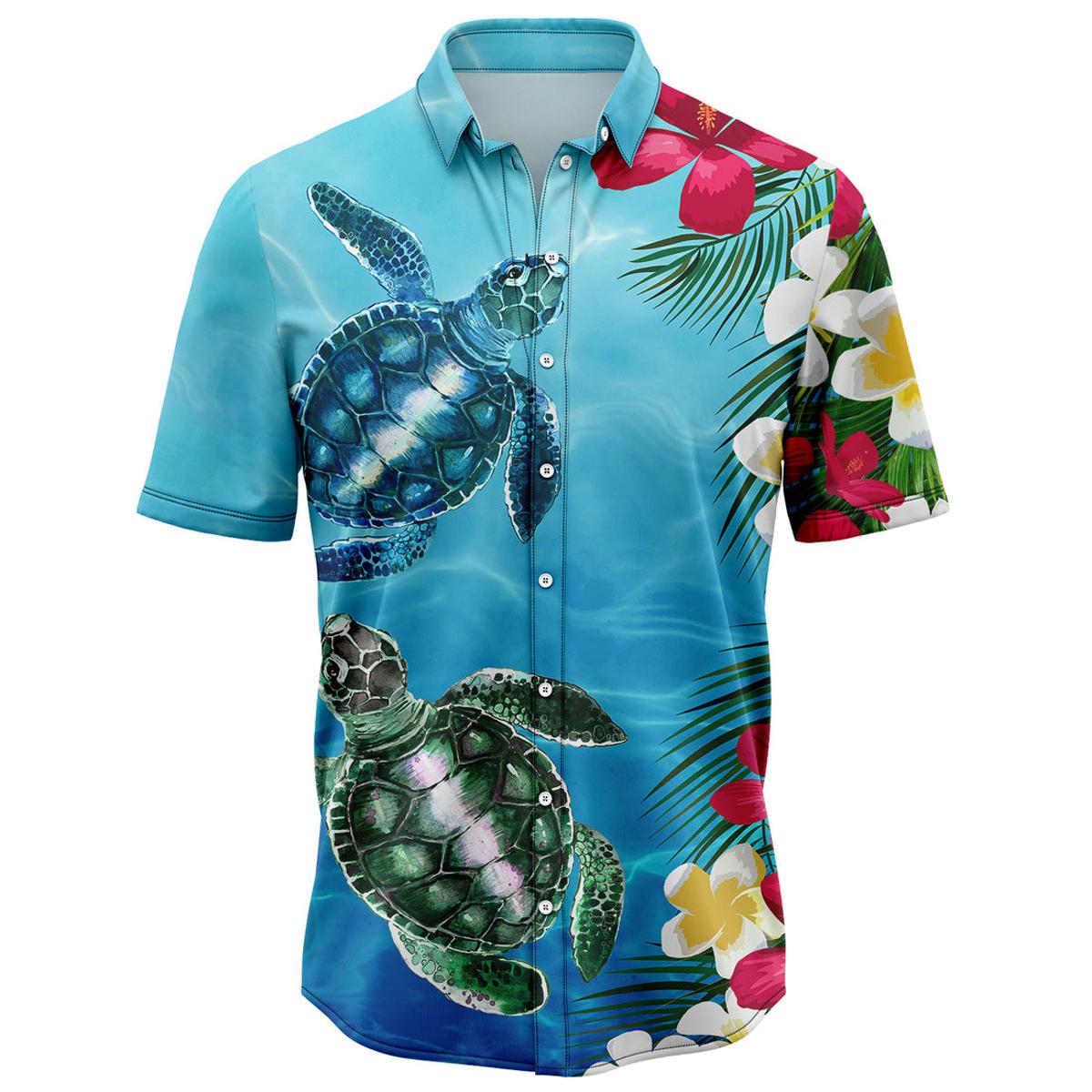 Sea Turtle With Tropical Leaf Flower Hawaiian Shirt For Fans