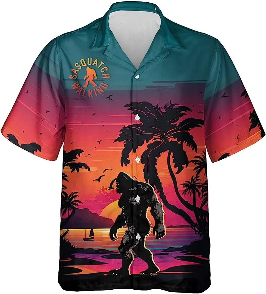 Vintage Walking Summer Sunset Sasquatch Hawaiian Shirt Size Fron S To 5xl