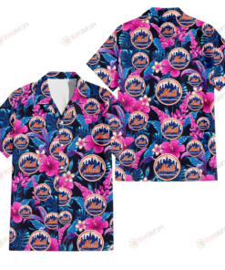 Violet Red Hibiscus Blue Leaf Black Ny Mets Hawaiian Shirt Gifts Idea