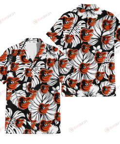 White Hibiscus Porcelain Flower Palm Leaf Black Orioles Hawaiian Shirt