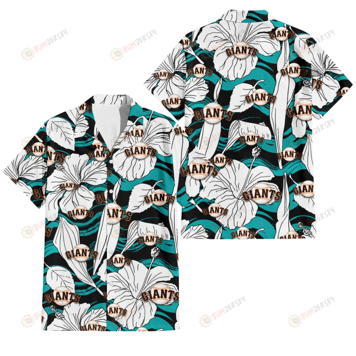 Sf Giants Blue Hibiscus Blue Coconut Tree Black Hawaiian Shirt