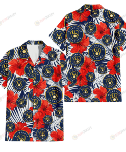 White Tropical Leaf Red Hibiscus Navy Milwaukee Hawaiian Shirt For Men Women