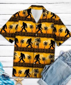 Yellow Sunset Palm Tree Pattern Sasquatch Hawaiian Shirt Size Fron S To 5xl